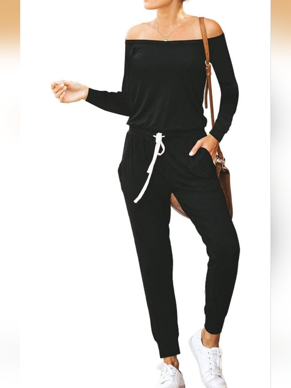 Off-Shoulder Long Sleeve Black Women's Jumpsuit Stretchy With Pockets Size Small - Picture 3 of 4
